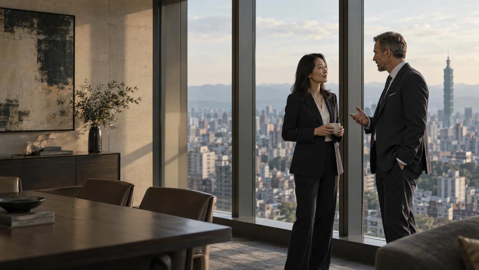 Two executives in conversation in a Taipei office above the city