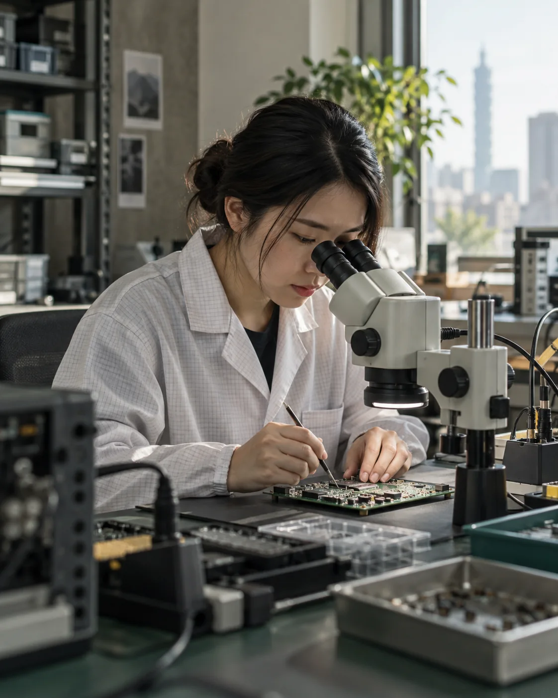 An engineer inspecting an electronic assembly under a microscope